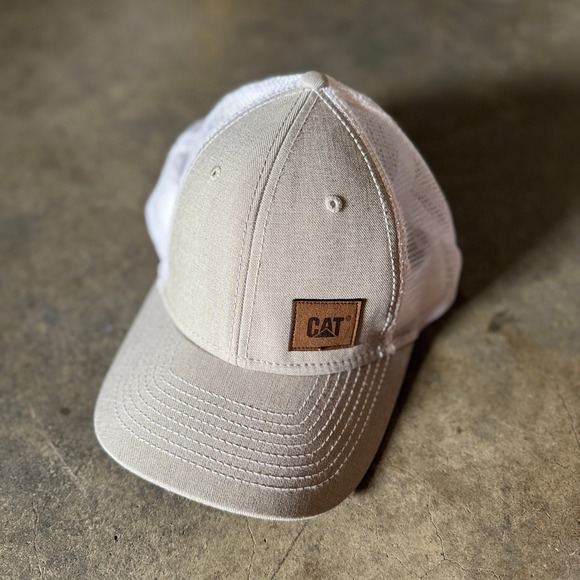 CAT Trucker Hat Mens Gray White Mesh Adjustable Cap Logo Patch - Picture 1 of 8